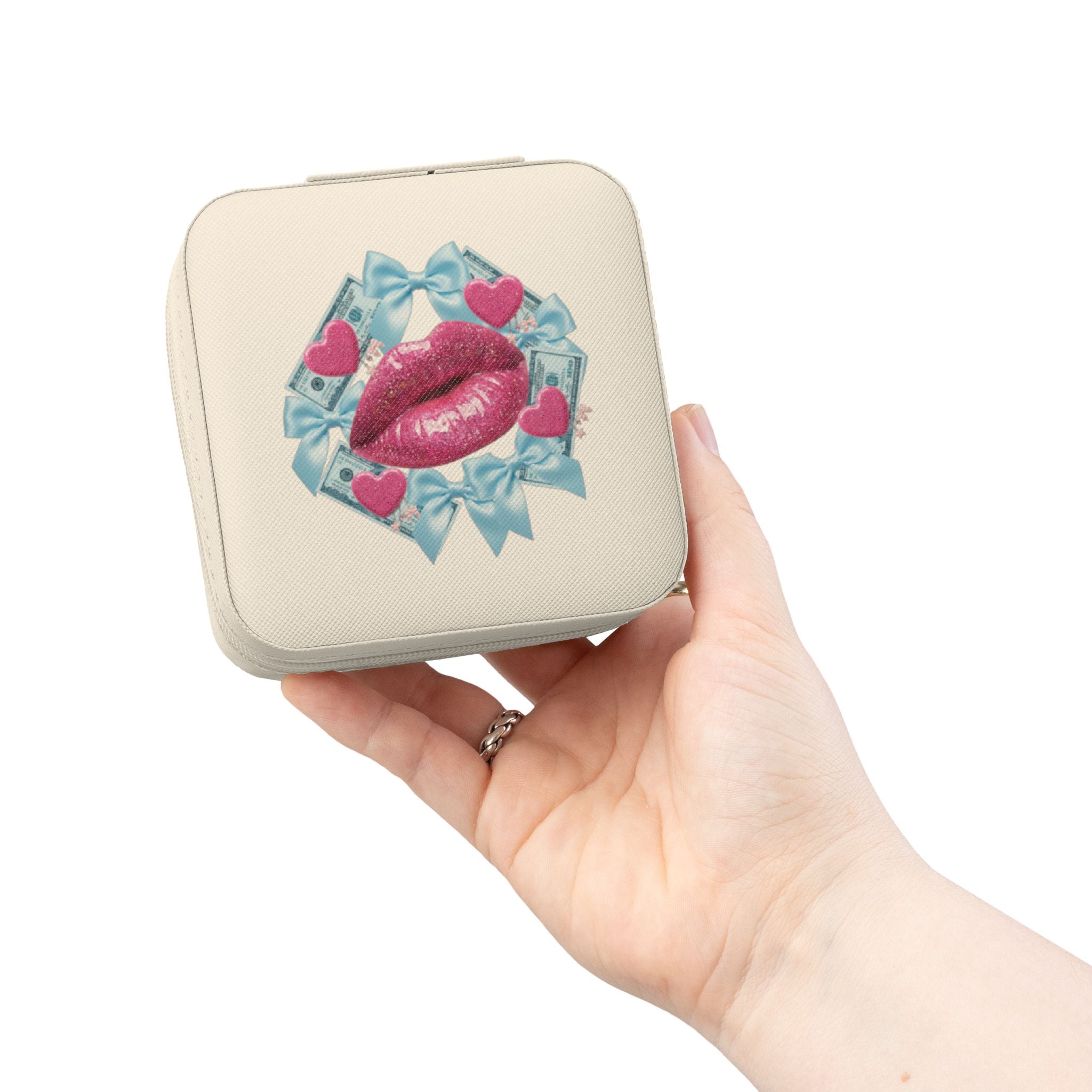 Travel Jewelry Case — Pink Kiss Design Portable Organizer for Rings & Earrings