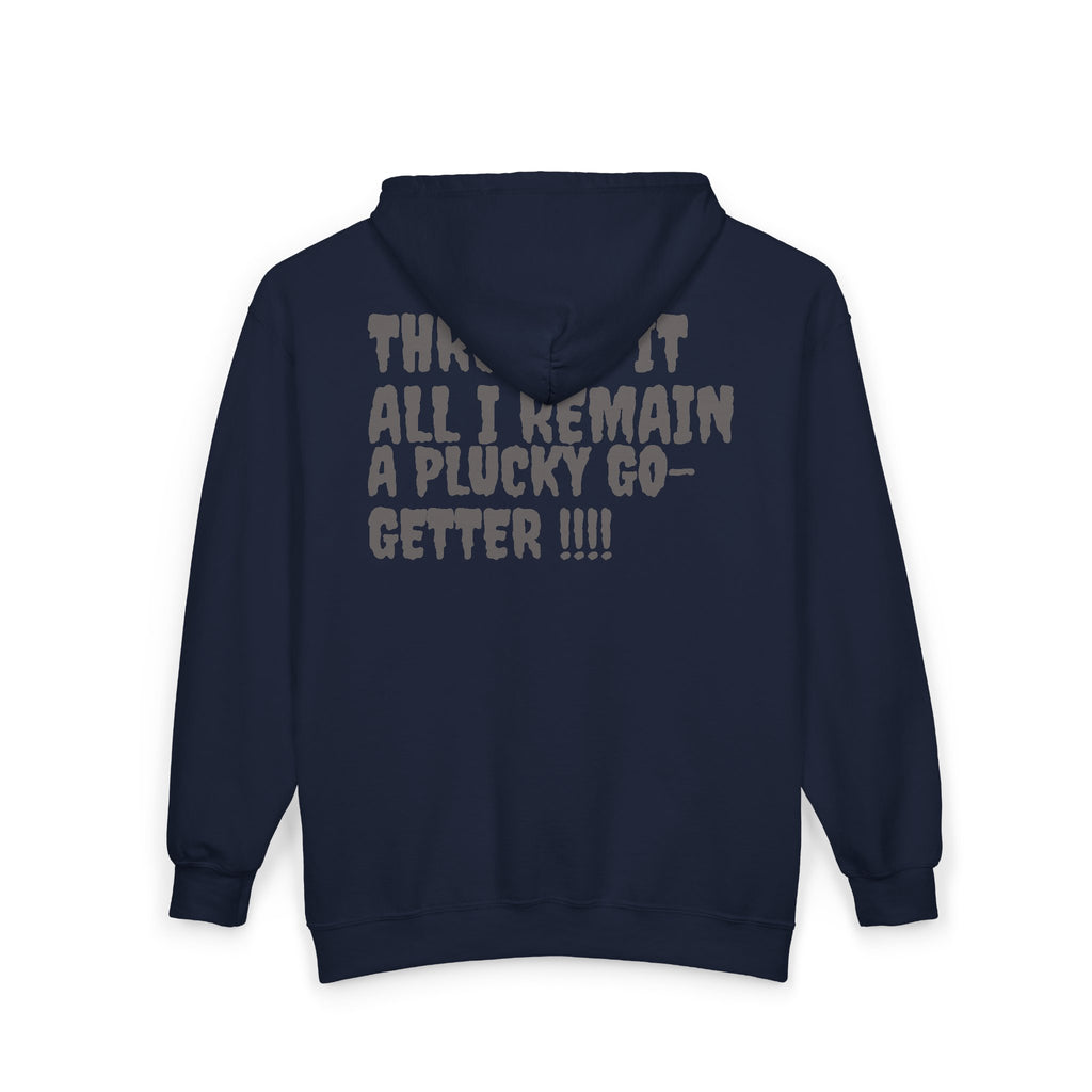 Go-Getter Zip Hoodie — 'Plucky' Graphic Motivational Full-Zip Sweatshirt