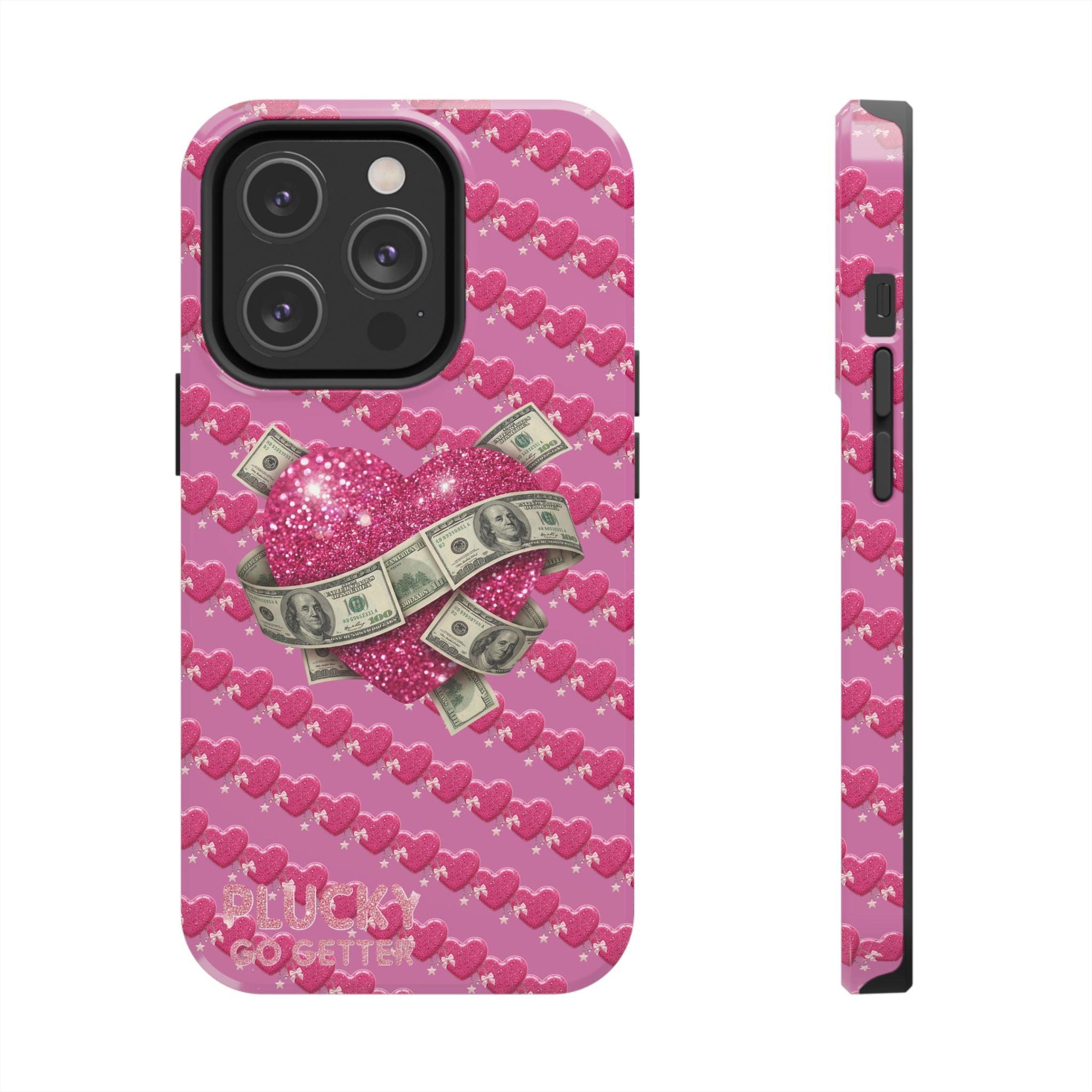 Pink Glitter Heart Phone Case with Cash Wrap — Tough Protective iPhone Case