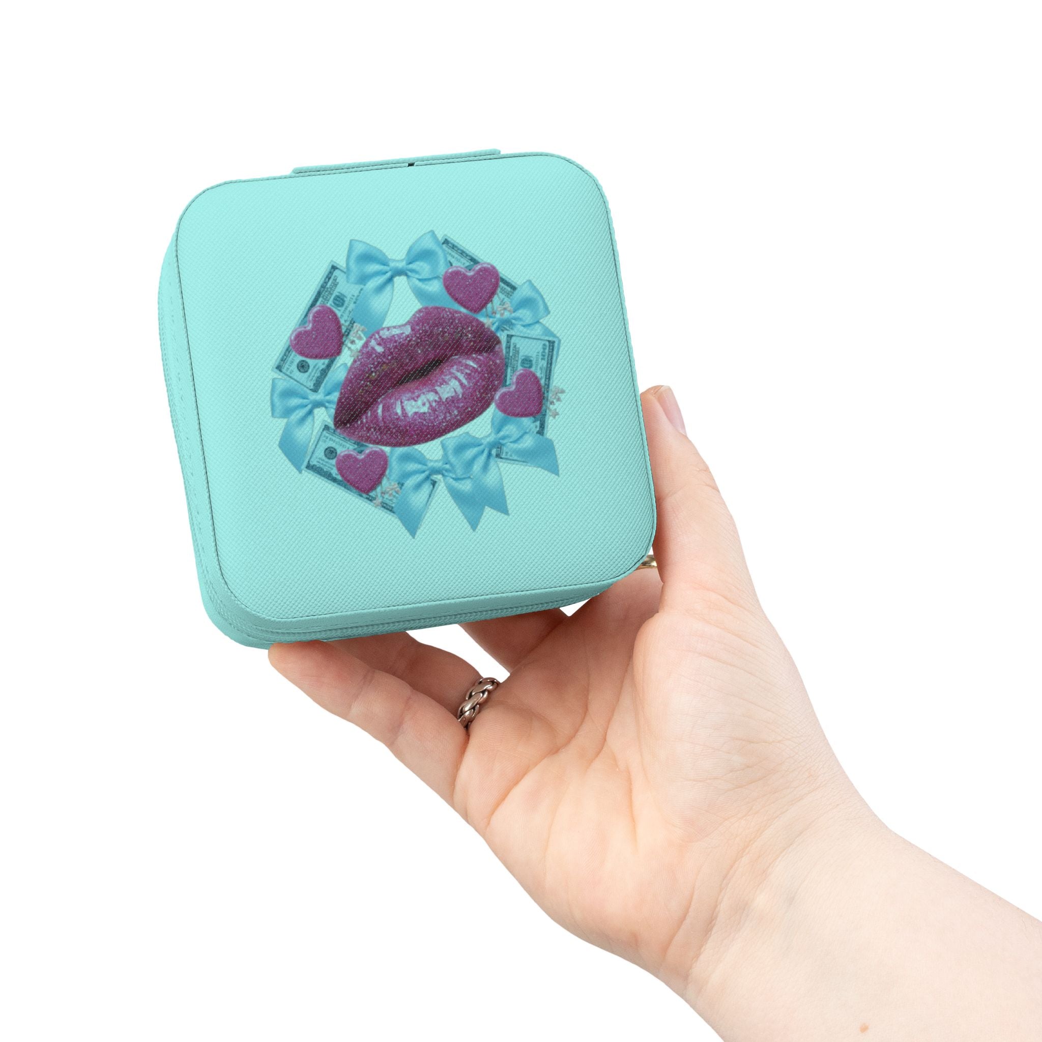 Travel Jewelry Case — Pink Kiss Design Portable Organizer for Rings & Earrings