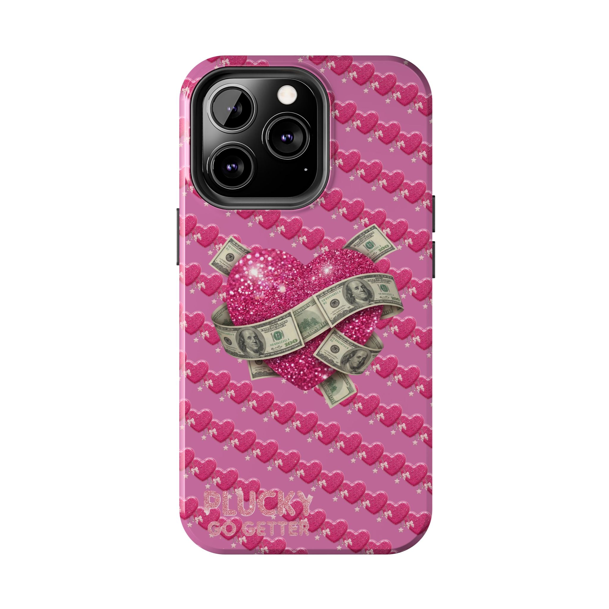 Pink Glitter Heart Phone Case with Cash Wrap — Tough Protective iPhone Case