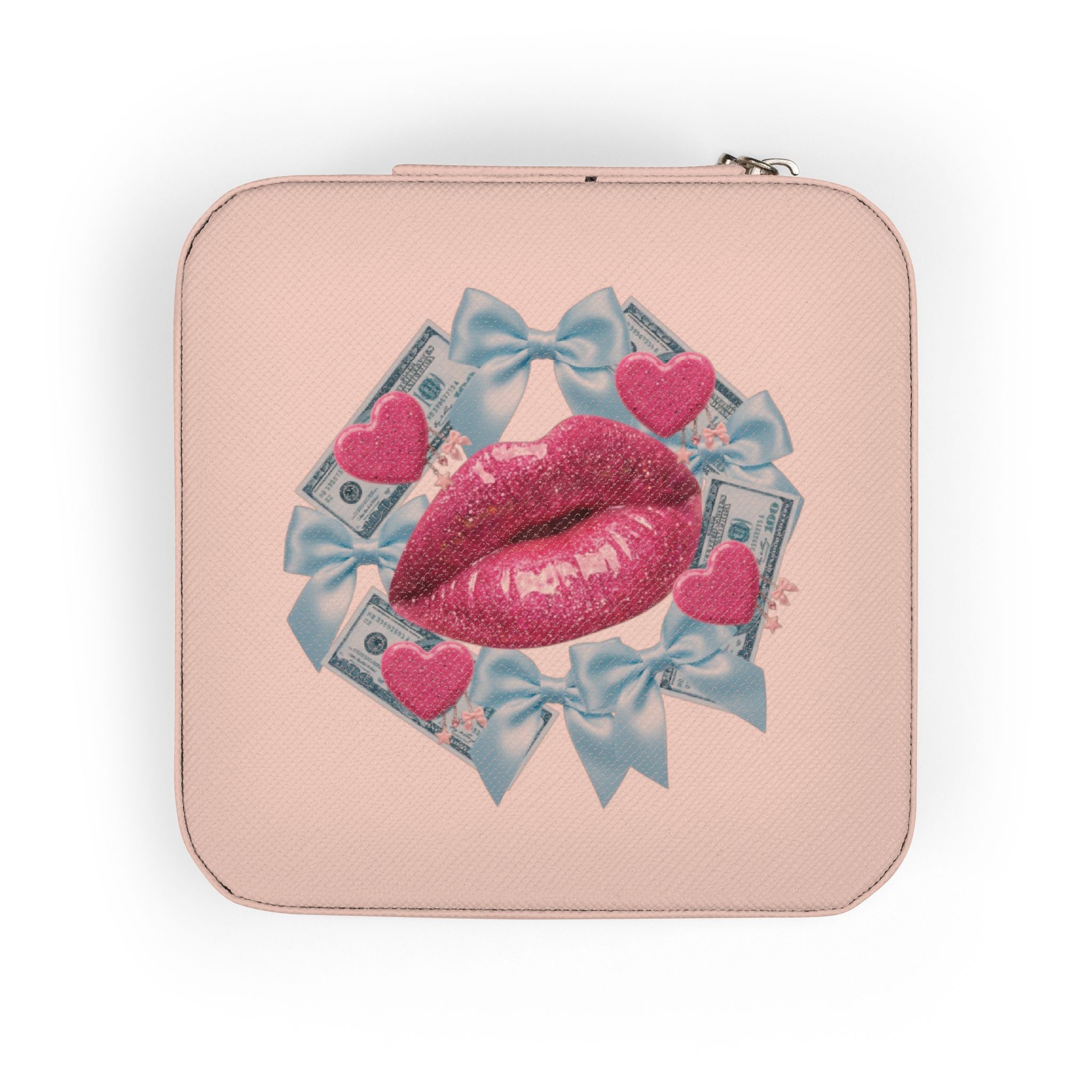 Travel Jewelry Case — Pink Kiss Design Portable Organizer for Rings & Earrings