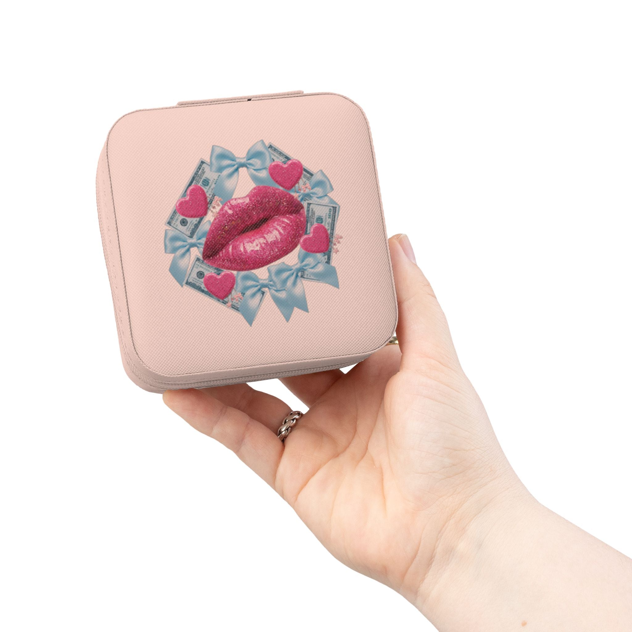Travel Jewelry Case — Pink Kiss Design Portable Organizer for Rings & Earrings