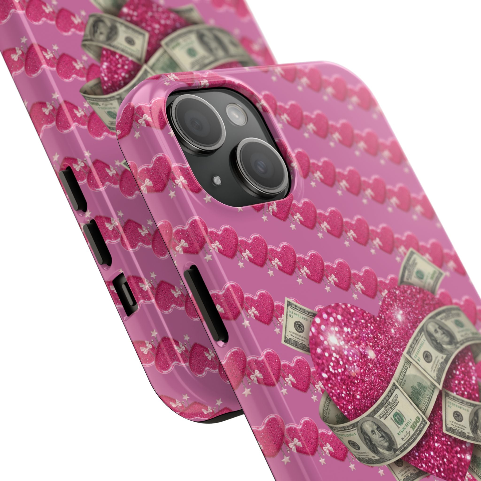 Pink Glitter Heart Phone Case with Cash Wrap — Tough Protective iPhone Case