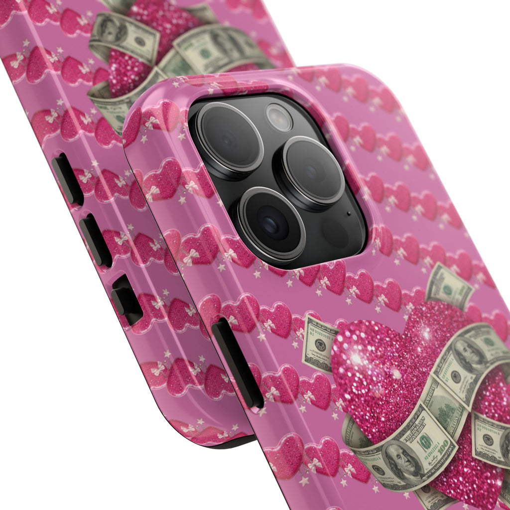 Pink Glitter Heart Phone Case with Cash Wrap — Tough Protective iPhone Case