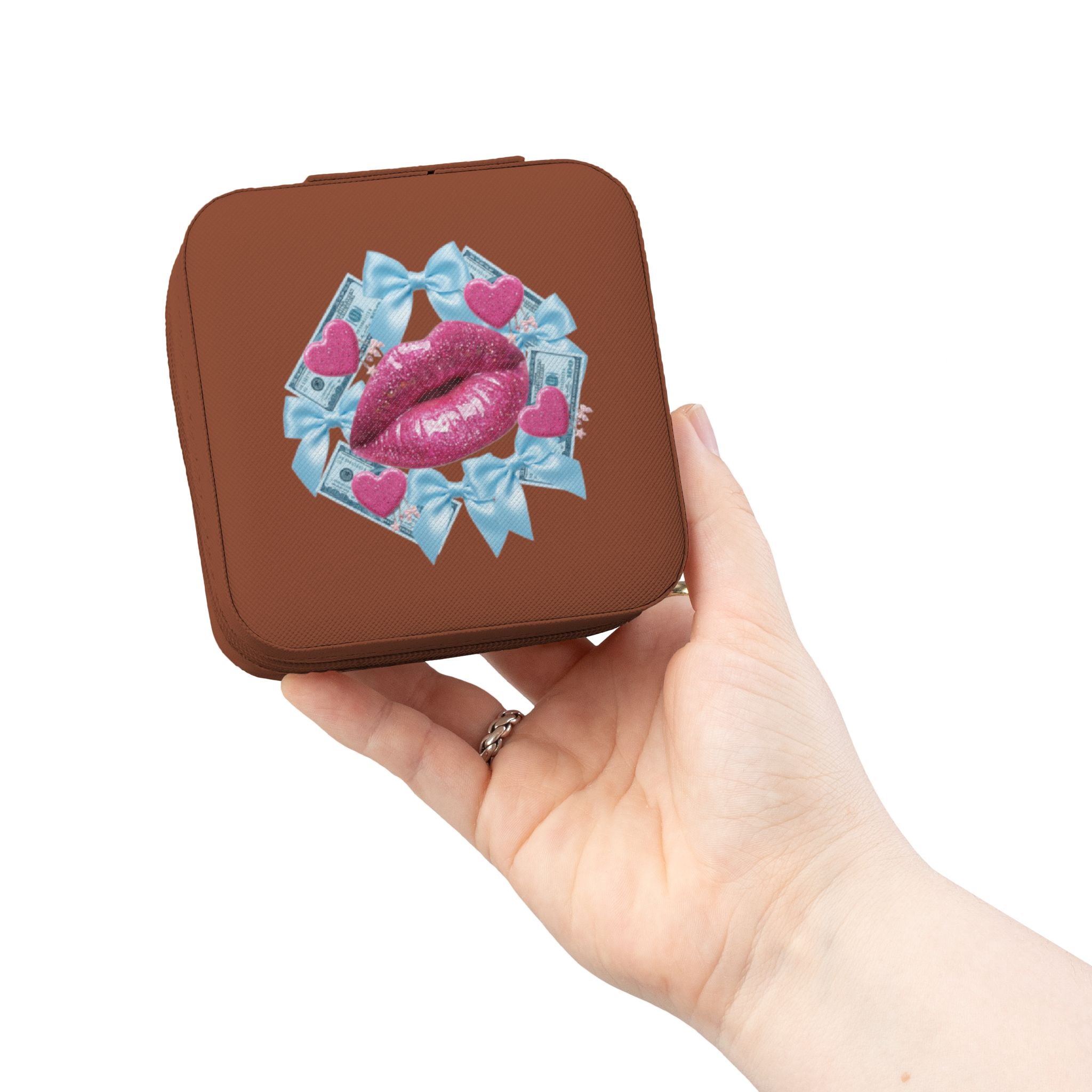 Travel Jewelry Case — Pink Kiss Design Portable Organizer for Rings & Earrings