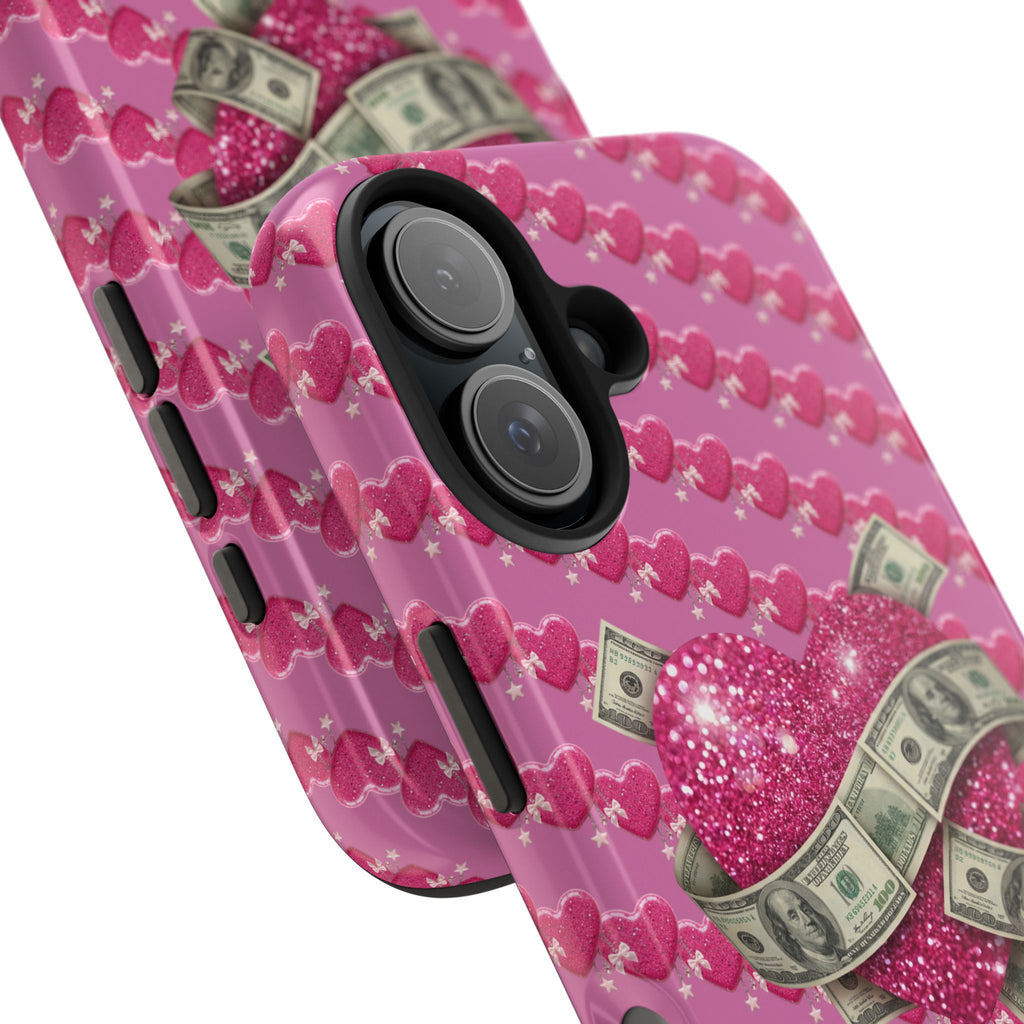 Pink Glitter Heart Phone Case with Cash Wrap — Tough Protective iPhone Case
