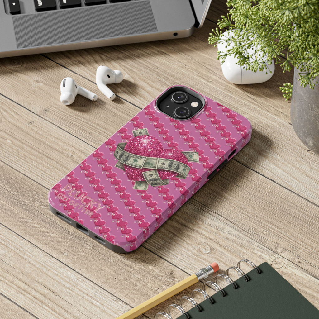 Pink Glitter Heart Phone Case with Cash Wrap — Tough Protective iPhone Case