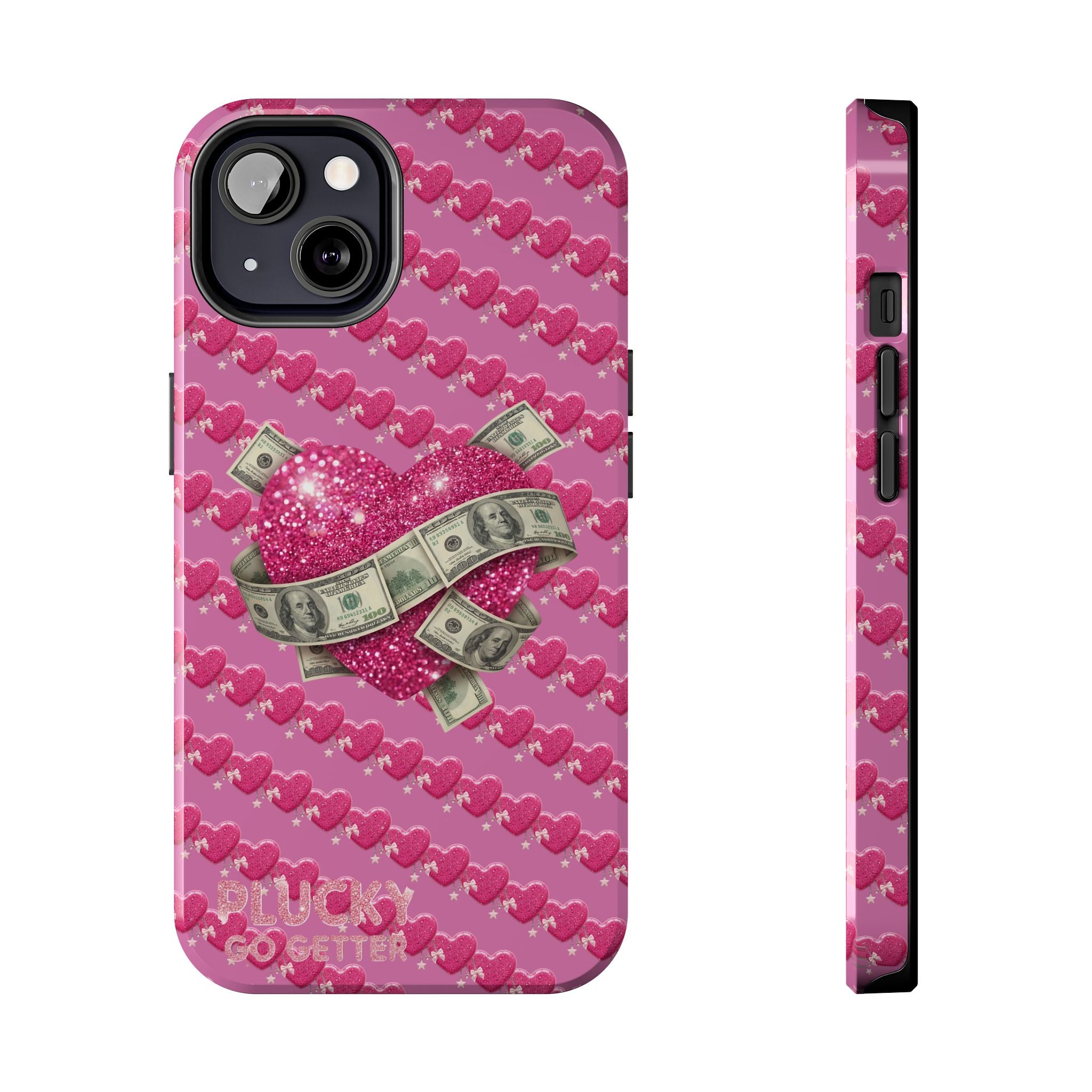 Pink Glitter Heart Phone Case with Cash Wrap — Tough Protective iPhone Case