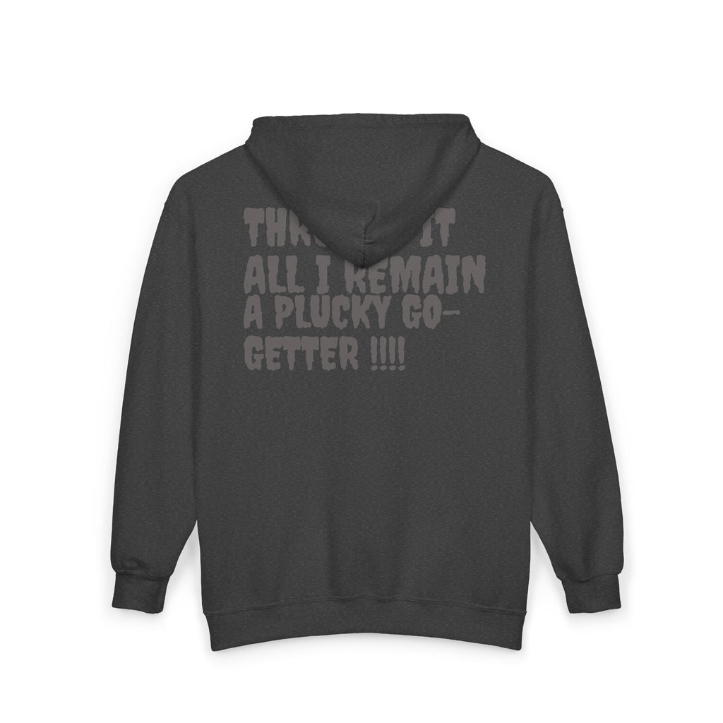 Go-Getter Zip Hoodie — 'Plucky' Graphic Motivational Full-Zip Sweatshirt