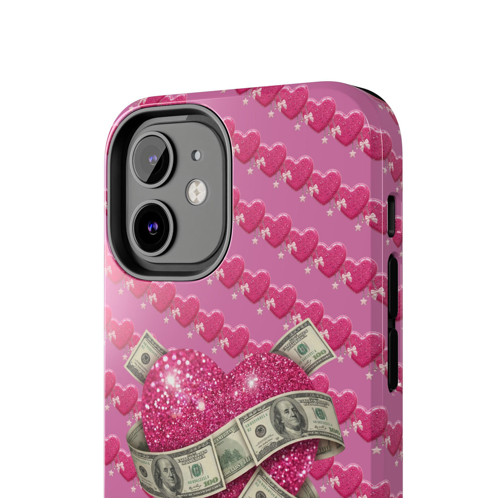 Pink Glitter Heart Phone Case with Cash Wrap — Tough Protective iPhone Case