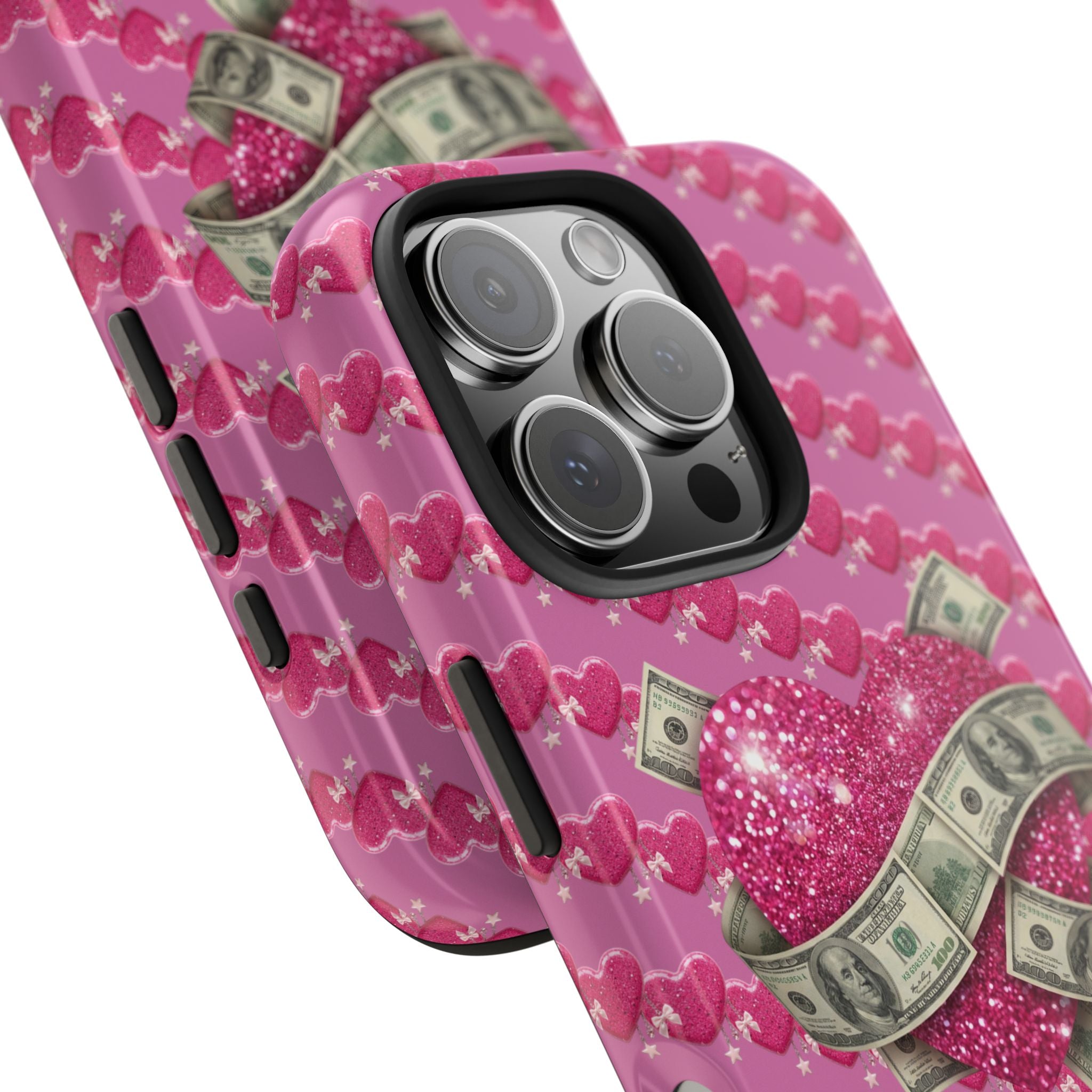 Pink Glitter Heart Phone Case with Cash Wrap — Tough Protective iPhone Case