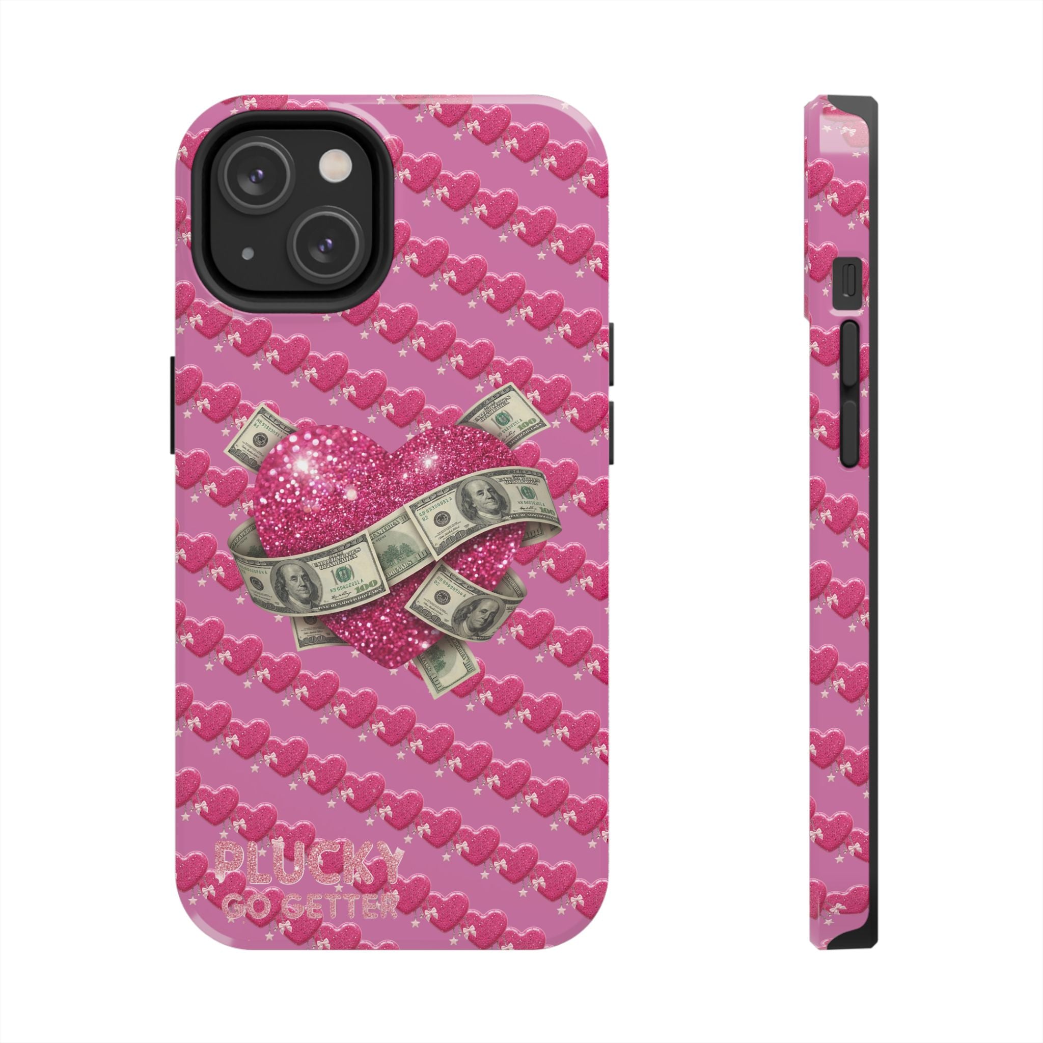 Pink Glitter Heart Phone Case with Cash Wrap — Tough Protective iPhone Case