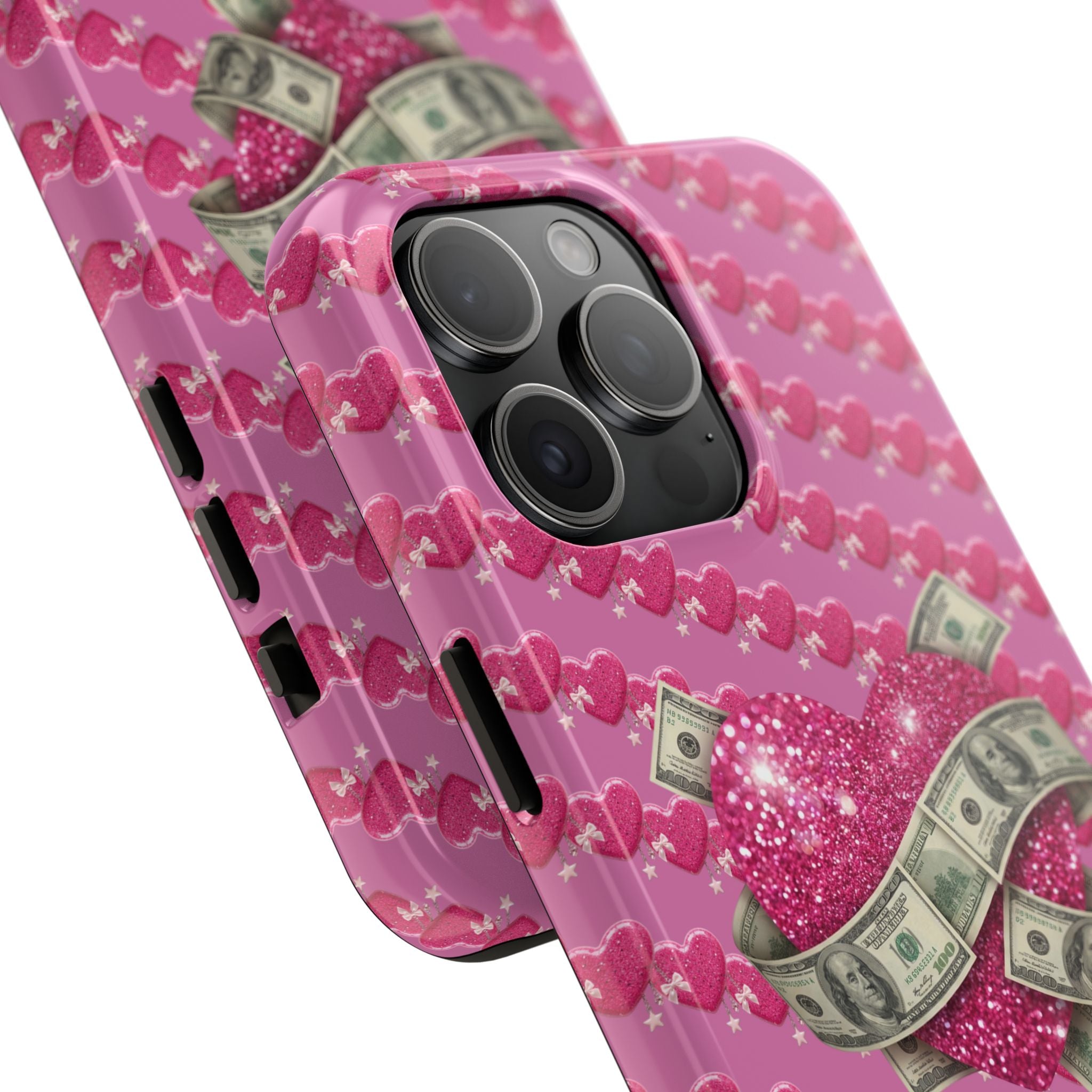 Pink Glitter Heart Phone Case with Cash Wrap — Tough Protective iPhone Case