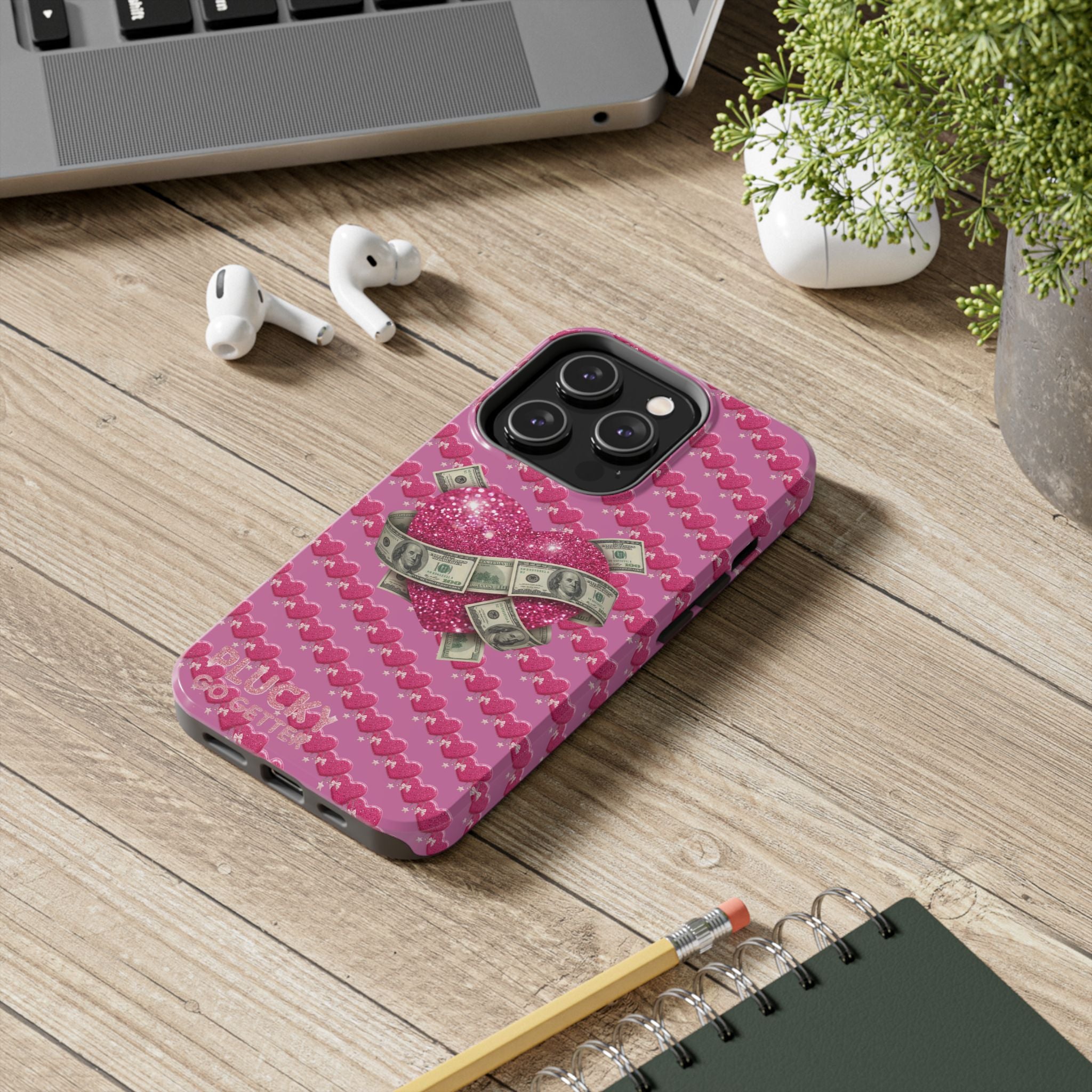 Pink Glitter Heart Phone Case with Cash Wrap — Tough Protective iPhone Case