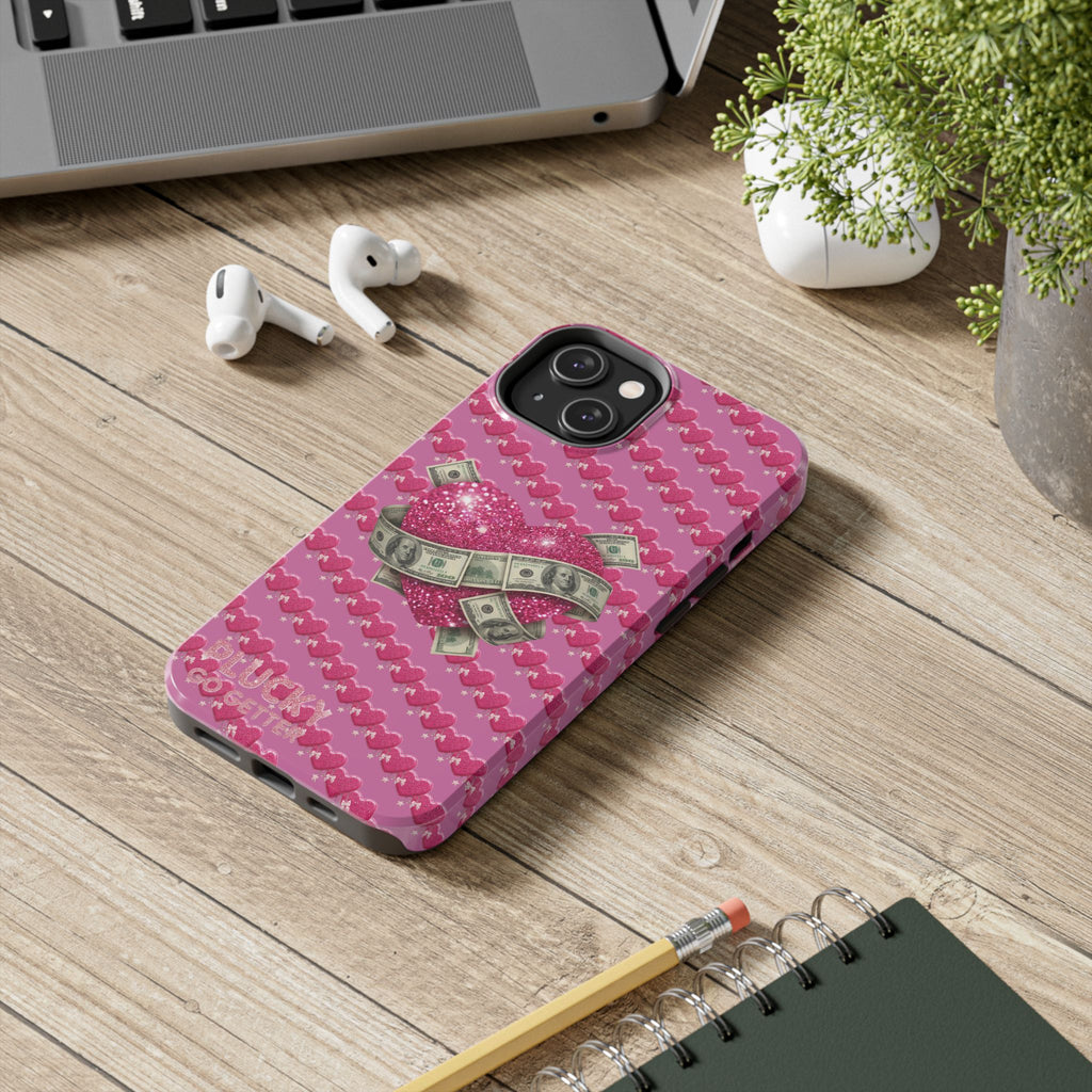 Pink Glitter Heart Phone Case with Cash Wrap — Tough Protective iPhone Case