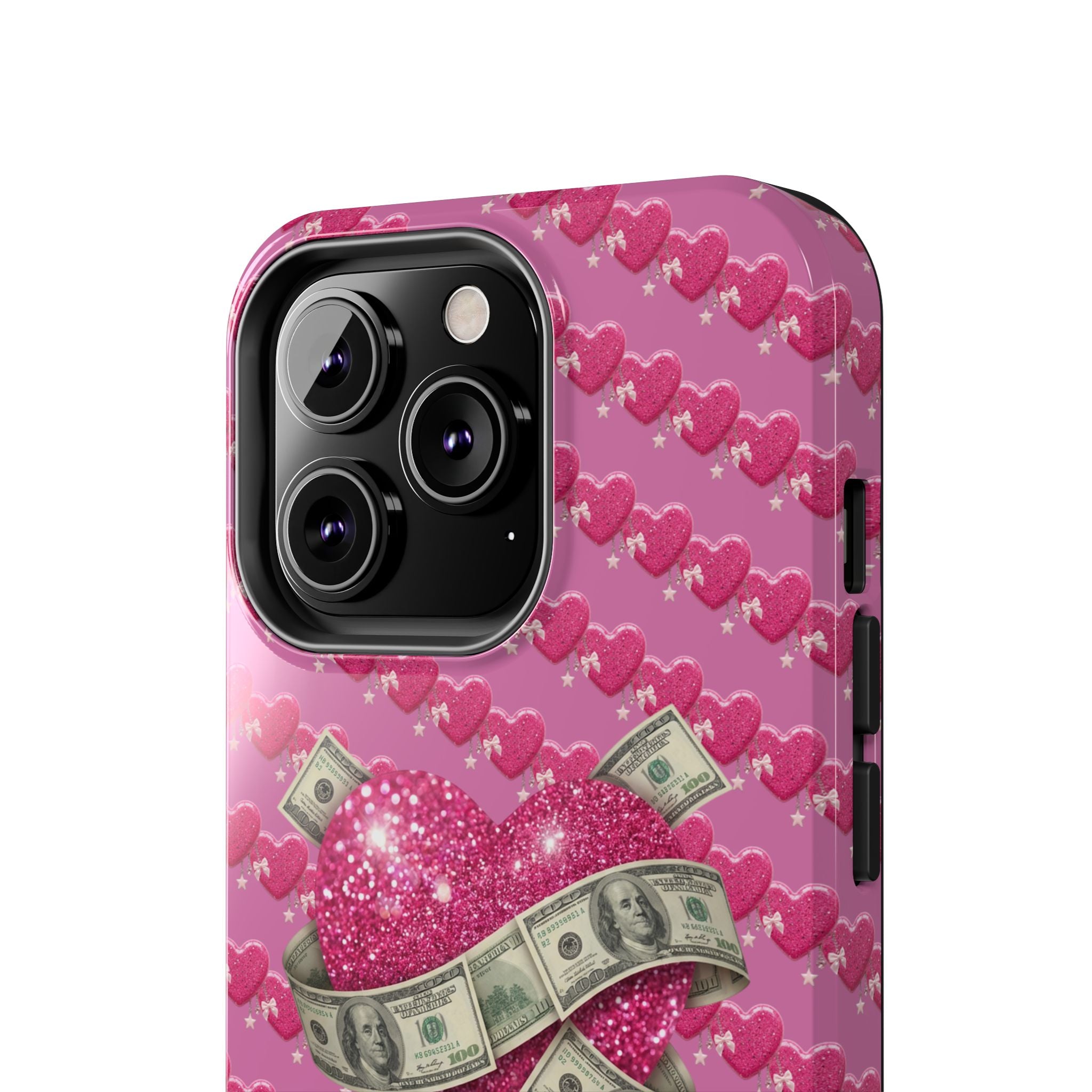 Pink Glitter Heart Phone Case with Cash Wrap — Tough Protective iPhone Case
