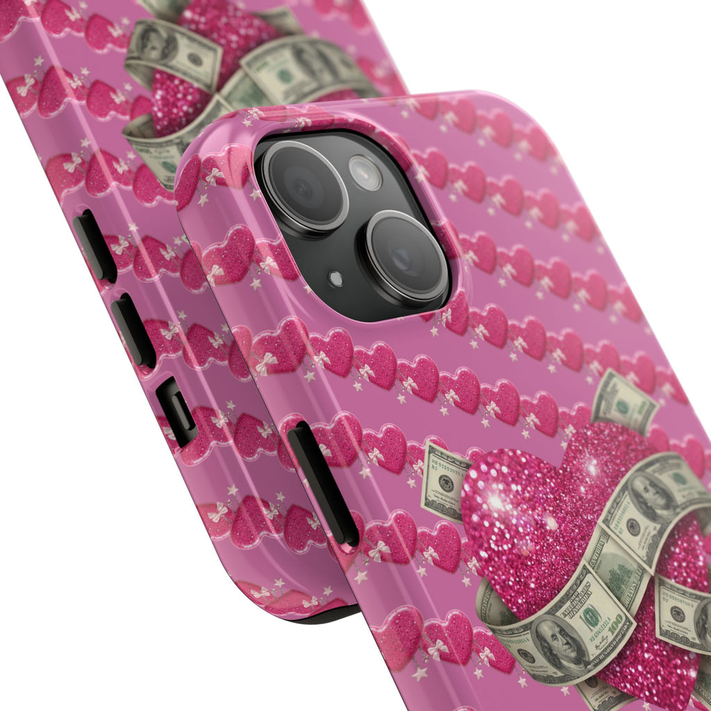 Pink Glitter Heart Phone Case with Cash Wrap — Tough Protective iPhone Case