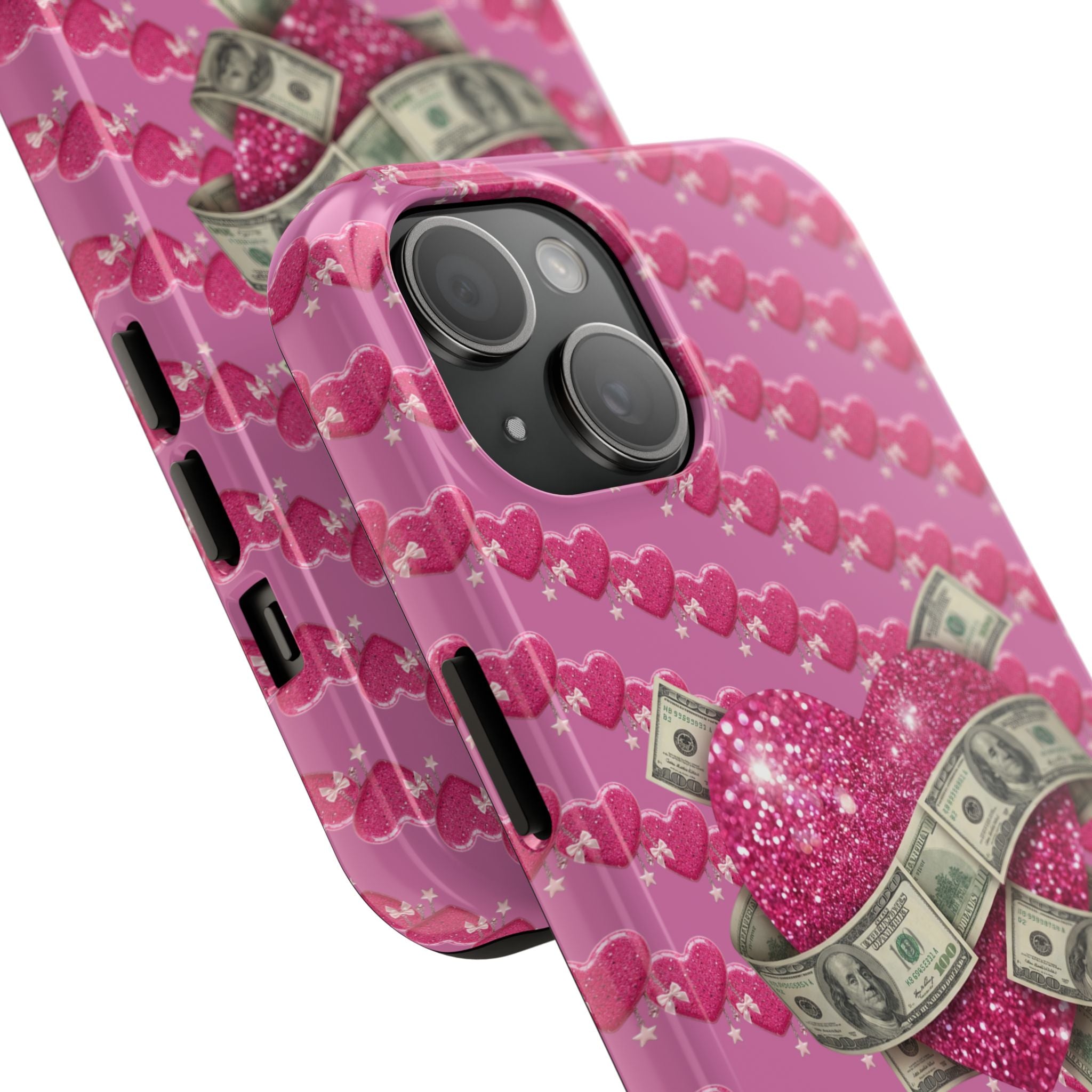 Pink Glitter Heart Phone Case with Cash Wrap — Tough Protective iPhone Case