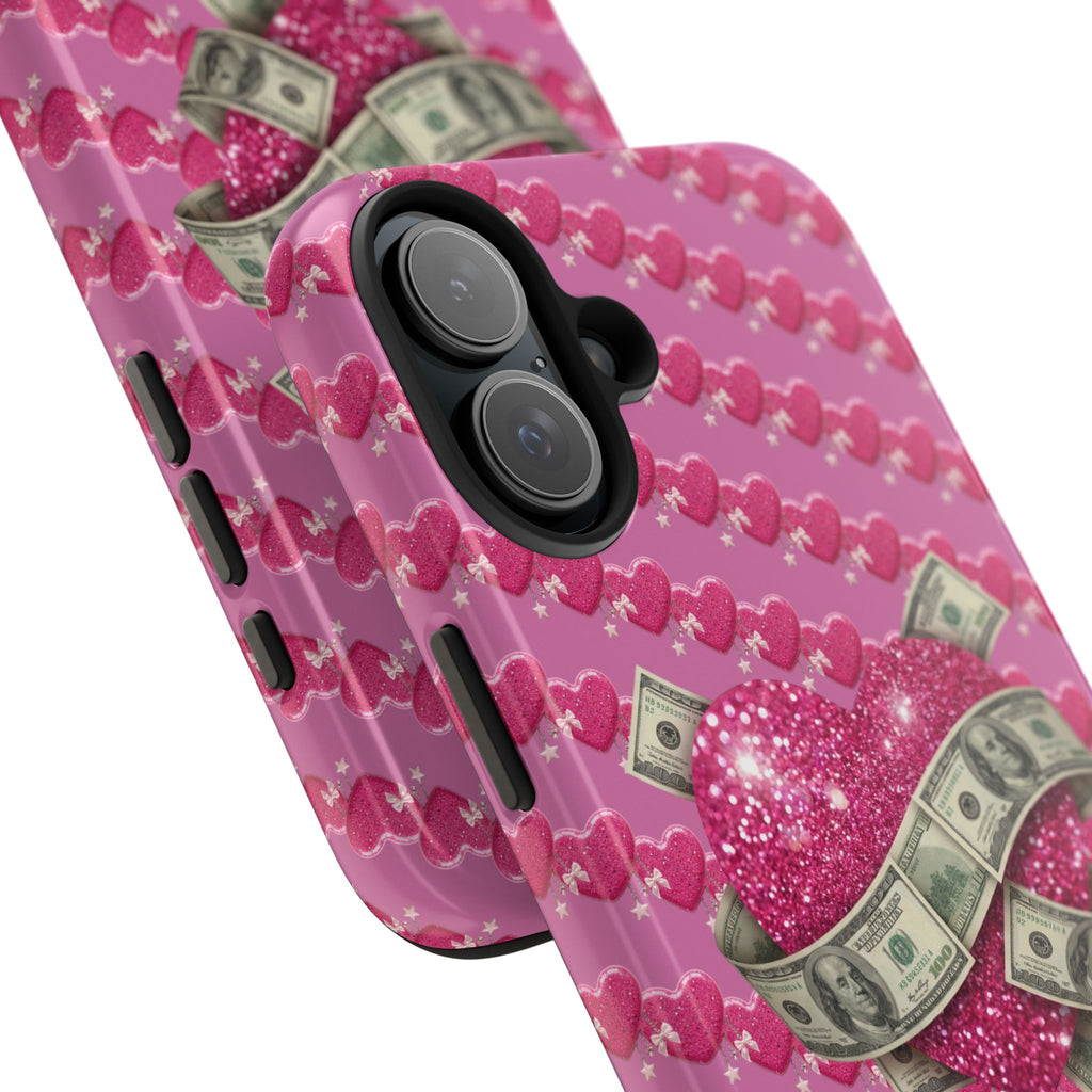 Pink Glitter Heart Phone Case with Cash Wrap — Tough Protective iPhone Case