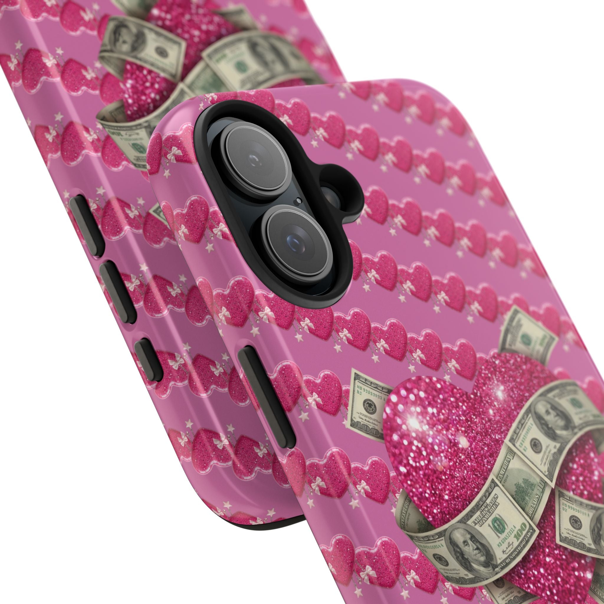 Pink Glitter Heart Phone Case with Cash Wrap — Tough Protective iPhone Case
