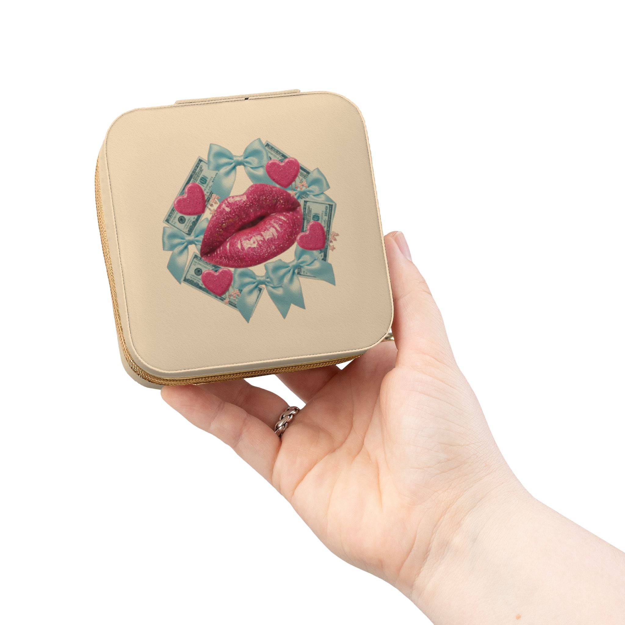 Travel Jewelry Case — Pink Kiss Design Portable Organizer for Rings & Earrings