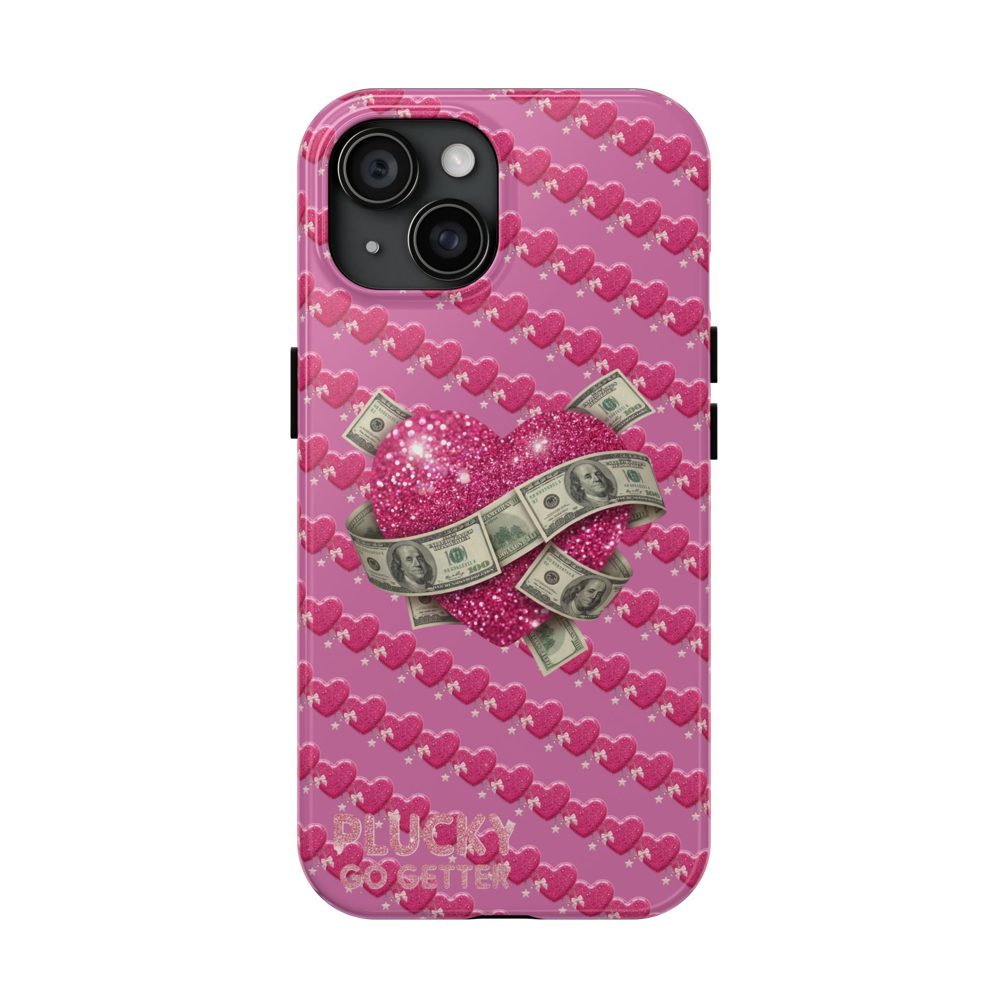 Pink Glitter Heart Phone Case with Cash Wrap — Tough Protective iPhone Case
