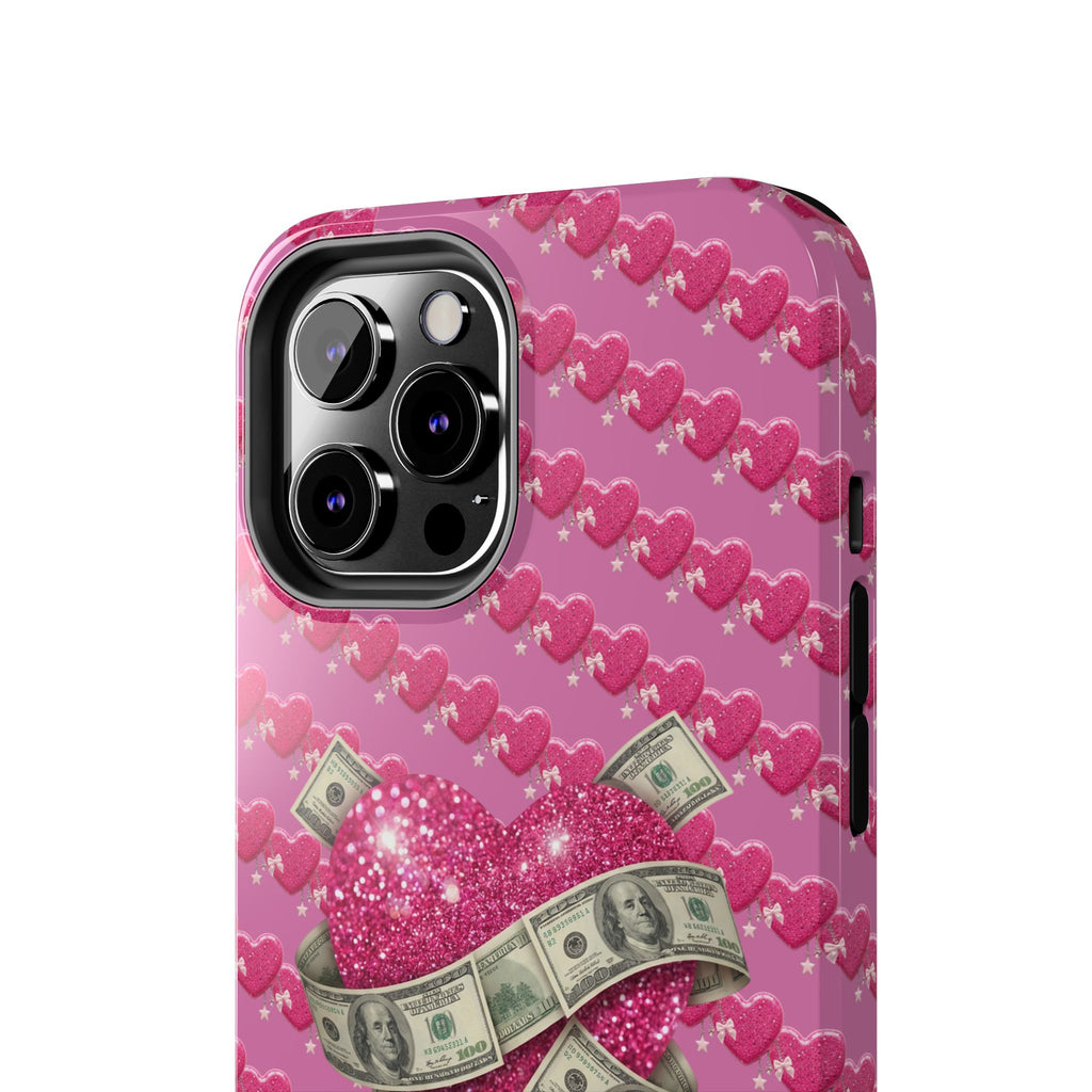 Pink Glitter Heart Phone Case with Cash Wrap — Tough Protective iPhone Case