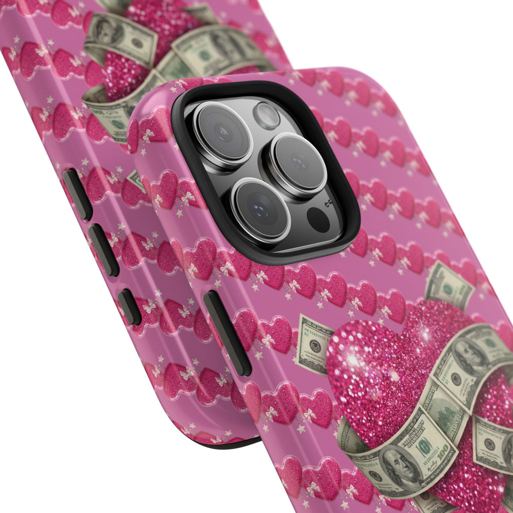Pink Glitter Heart Phone Case with Cash Wrap — Tough Protective iPhone Case
