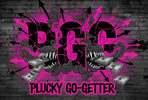 BLACK AND PINK PGG BROKEN LOGO MADE WITH SMOKE AND HUNGRY TEETH FOR 100 DOLLAR BILLS WITH ARROWS GOING IN DIFFERENT DIRECTIONS WITH WRITING AT THE BOTTOM SAYING PLUCKY GO- GETTER. 